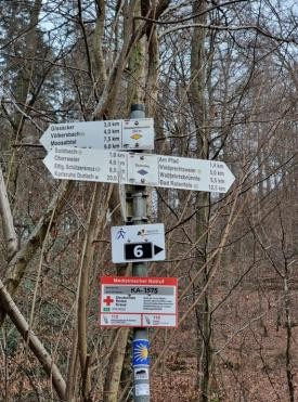 Beschilderung Waldweg mit Notruftafel