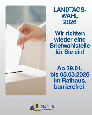 Werbeplakat für Briefwahlstelle, eine Hand wirft einen Brief in eine Urne