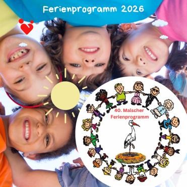 Logo Malscher Ferienprogramm, in Hintergrund vier Kinder, die in die Kamera sehen.