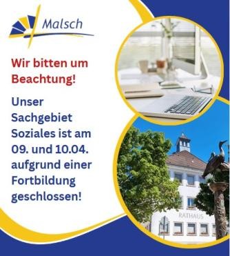 Bild vom Rathaus mit Hinweis auf Schließung des Fachbereichs Soziales am 8. und. 9. April