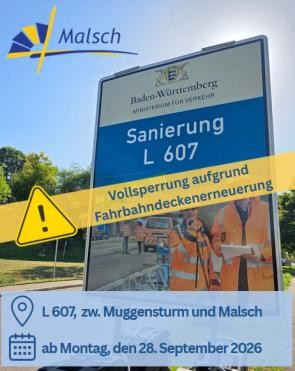 Schild des Landes Baden-Württemberg zur Sanierung der L 607 mit zwei Bauarbeitern in orangefarbenen Jacken